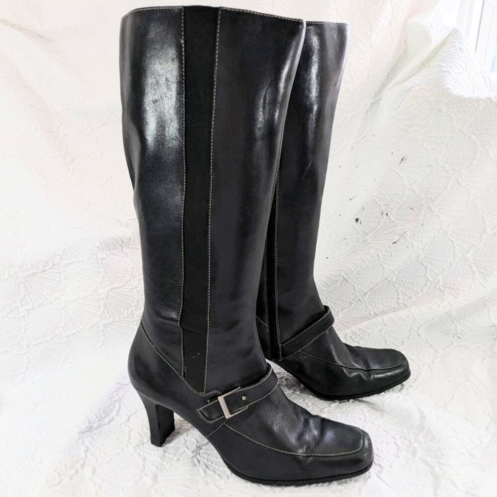 WORTHINGTON! BLACK GENUINE LEATHER ELASTIC INSET, BUCKLE & STRAP BOOTS! SZ 9M